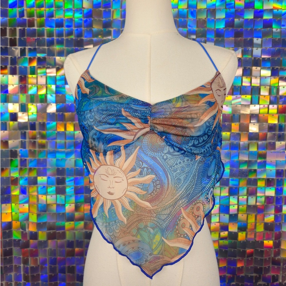 Celestial Handkerchief Halter Top Womens Small Blue Sun‎ Moon Mesh Tie Back